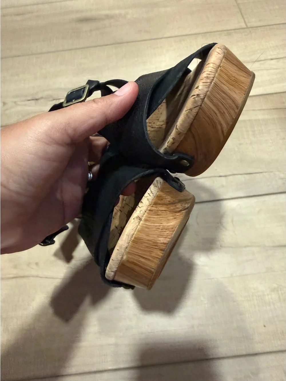 Kork-Ease Black Leather Cork Wedge Sandals with Ankle Strap